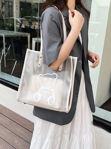Transparent PVC tote bag with white cartoon bear print and stylish cream borders