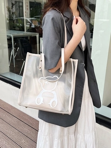 Waterproof transparent PVC tote bag with cute cartoon bear print and beige handles