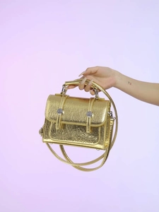 Women Fashion Metallic Crinkled PU Leather Shoulder Bag Retro Top Handle Handbag Small Crossbody Messenger Bag For Party