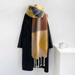 Dames Geometrisch Raster Kleurblok Sjaal Winter Verdikt Warm Lang Pashmina Omslagdoek Mode Kwastje Geborsteld Polyester