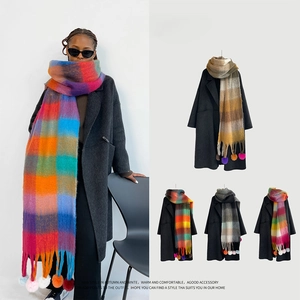 Western Fashion Rainbow Plaid Scarf For Women Winter Thick Warm Mohair Feel Shawl With Colorful Pom Poms Fringe Wrap