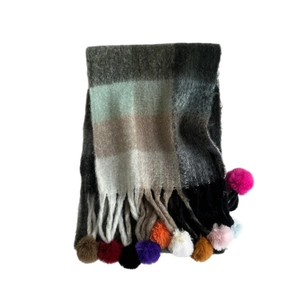 Rainbow plaid winter scarf for women with colorful pom-poms and long tassels