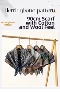 Detail of 90cm herringbone square scarves with vintage patterns and wool-touch texture