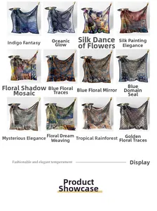Collage of 12 stylish double-sided silk scarves with paisley and floral patterns