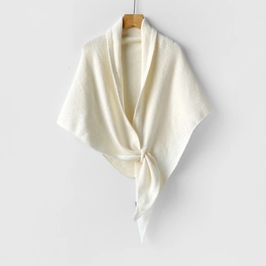 Elegant off-white wool blend knitted shawl wrap with textured knot design for winter