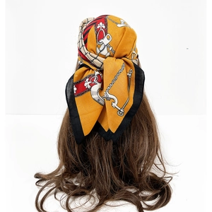 Classic mustard yellow silk square scarf with horse chain print and striped border