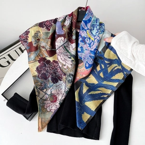 Detail of silk square scarf showing intricate floral patterns and herringbone weave texture