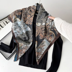 Detail of silk square scarf featuring vintage paisley and baroque patterns in earth tones
