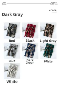 Multi-color collection of thick wool-like plaid scarves with classic long tassels detail