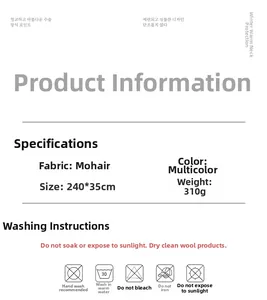 Detail chart of 240x35cm mohair scarf with product specifications and washing instructions