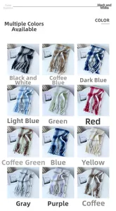 Matrix display of twelve colorful mohair plaid scarves with soft brushed fringe detail