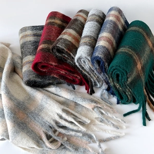Thick mohair plaid scarf for women featuring fringe ends in multiple classic colors