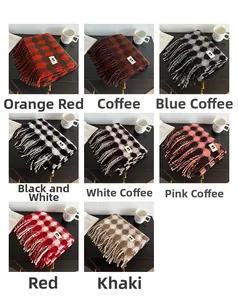 Detailed grid view of plaid cashmere-like scarves in eight assorted classic colors with fringes