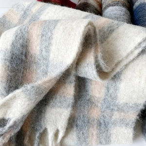 Thick mohair checkered scarf with fringe in cream, grey and pink, warm winter accessory