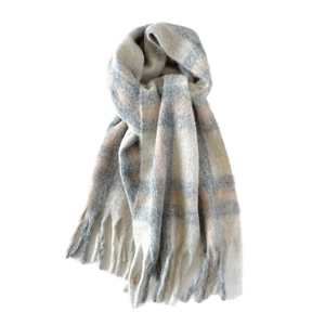 Thick mohair wool plaid scarf with tassels in grey, beige and orange for autumn winter