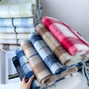 Winter Thick Plaid Scarf Mohair Texture Soft Warm Shawl With Tassels Checkered Long Scarf For Women Daily Wear