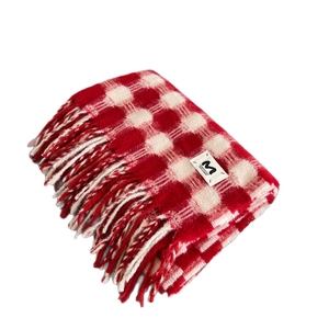 Retro red and white checkered cashmere-like scarf with fringe and brand label