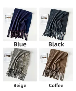 Detail view of fringed wool knit scarves in blue black beige and coffee colors