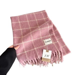 Pink plaid faux cashmere scarf for women with thick texture and stylish soft tassels