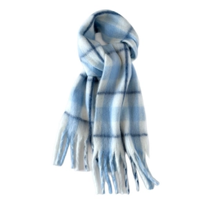 Thick mohair plaid scarf in sky blue and white with classic fringed tassel edges