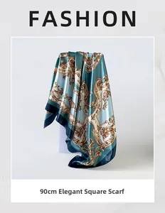 Detail of 90cm satin scarf with baroque scroll pattern in peacock blue and gold