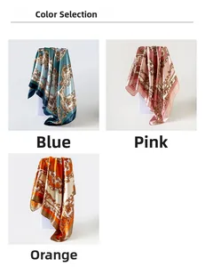 Three color variants of Baroque print silk scarves in blue, pink, and orange options