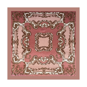 Flat lay of pink Baroque floral print satin silk square scarf with vintage patterns