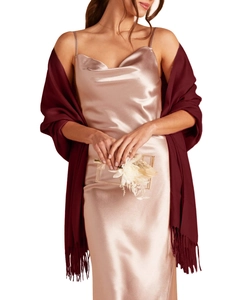 Detail of wine red fringe pashmina shawl paired with a glossy champagne silk evening dress