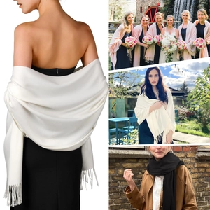 Solid color warm pashmina shawl for women with tassels in cream, pink and black