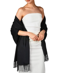 Detailed view of black cashmere shawl fringe trim and high-quality woven texture