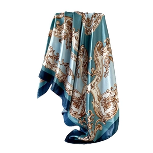 90cm square silk satin scarf with baroque gold patterns and smooth satin finish