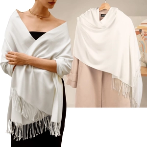 Elegant solid white faux cashmere shawl with tassels for women winter warmth styling