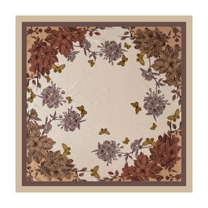 Foulard quadrato di seta 90 cm con stampe vintage di farfalle e fiori in toni terra
