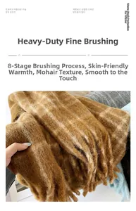 Detail of soft mohair texture scarf with 8-step brushing process in brown and blue colors