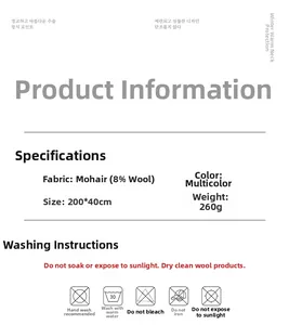 Detailed size chart and washing instructions for wool mohair blend plaid scarf