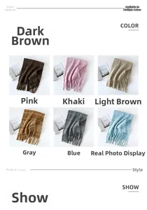Detail showing various colors of plaid wool scarves with decorative tassel edges