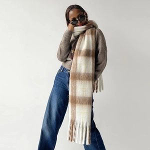 Women Winter Thickened Mohair Like Plaid Scarf Warm Long Tassel Shawl Wrap Vintage Geometric Knitted Pashmina For Lady