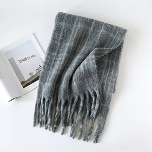 Detail of dark grey mohair scarf showing thick fringe and soft long-hair wool texture