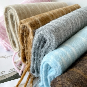 Plaid mohair wool blend scarf with tassels in soft pastel and earth tone colors