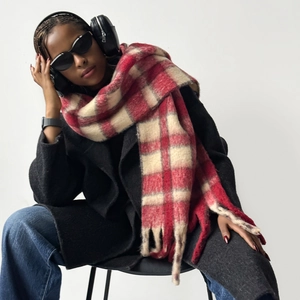 Écharpe Femme Plaid en Laine Mohair Châle d'Hiver Épais et Chaud Avec Franges Douce Longue Étole Élégante à Carreaux