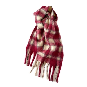 Écharpe d'hiver épaisse en mohair à carreaux rouge et beige avec longues franges