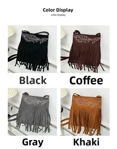 Vista detallada de cuatro bolsos bandolera con flecos en negro, café, gris y caqui