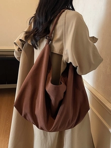 Large dark brown hobo shoulder bag in matte canvas with beaded strap for women