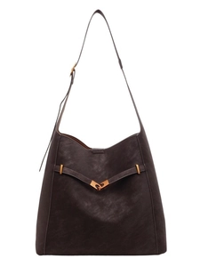 Minimalist large capacity coffee leather bucket bag with golden interlocking buckle
