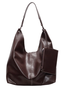 Grand sac à bandoulière marron en similicuir lisse avec surpiqûres et petite pochette