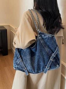 Retro washed denim shoulder bag with silver chain strap for women casual daily wear