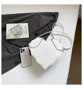 Detailansicht der weißen herzförmigen Tasche mit Spinnennetz-Stich und Metallkette