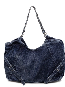Retro washed denim shoulder bag with silver metal chain strap and white background