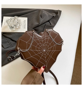 Detailaufnahme braune Herz-Tasche mit weißem Spinnennetz-Stich und silberner Metallkette