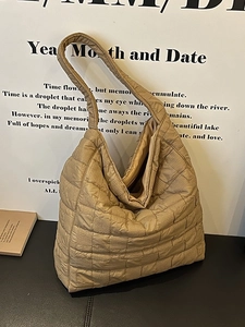 Quilted puffer hobo tote bag in khaki finish with a large capacity shoulder design